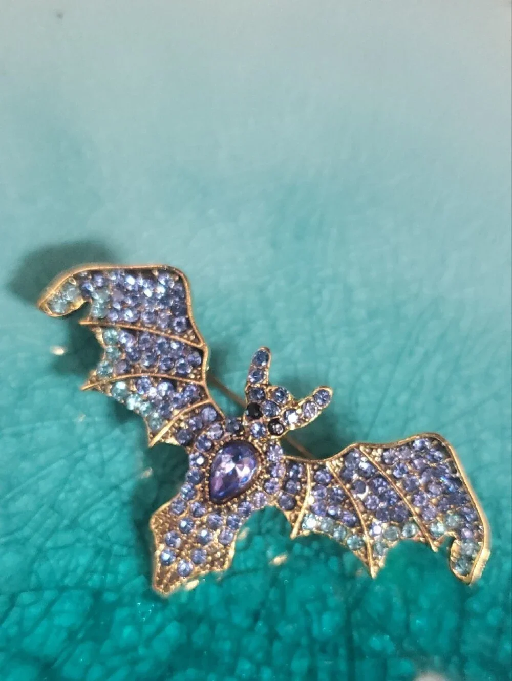 Gold-Tone Blue Crystal Bat Brooch - Elegant Women’s Jewelry D